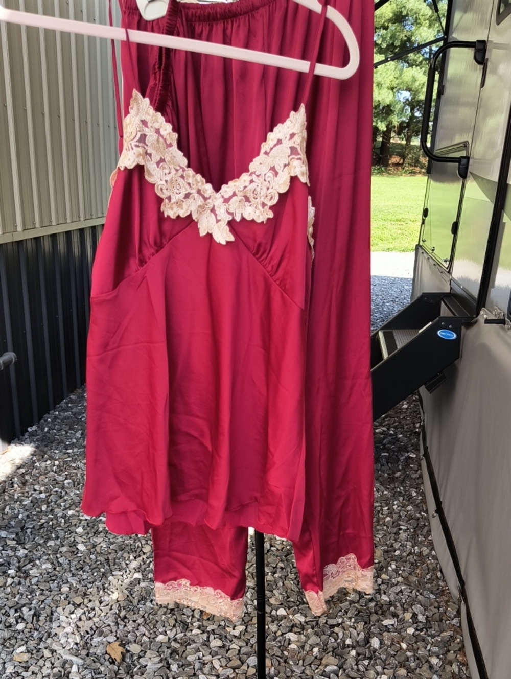 3 Piece Women's Burgundy Lace Trim Sleep Chemise and Pants/Shorts Set, XL, NWOT